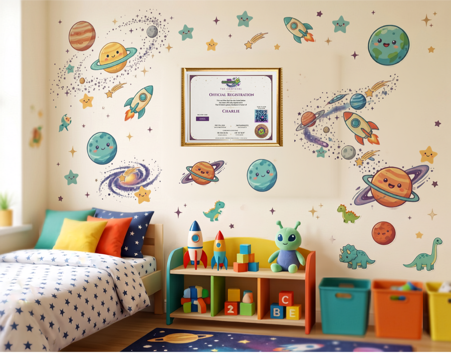 Framed Orbiteers certificate displayed in a kid's room